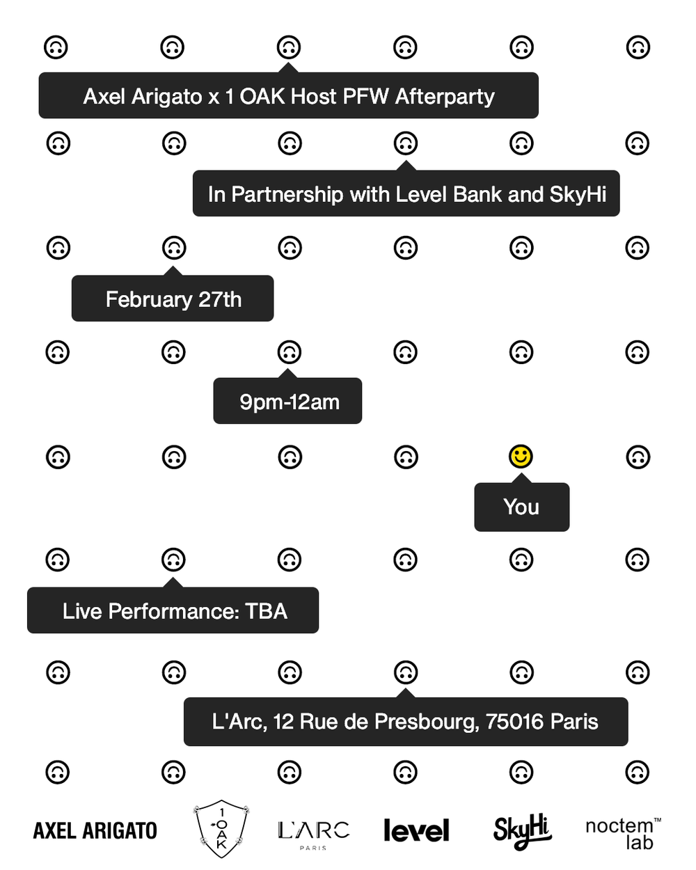 Axel Arigato x 1OAK PFW Afterparty flyer — L'Arc Paris, February 27, 2020