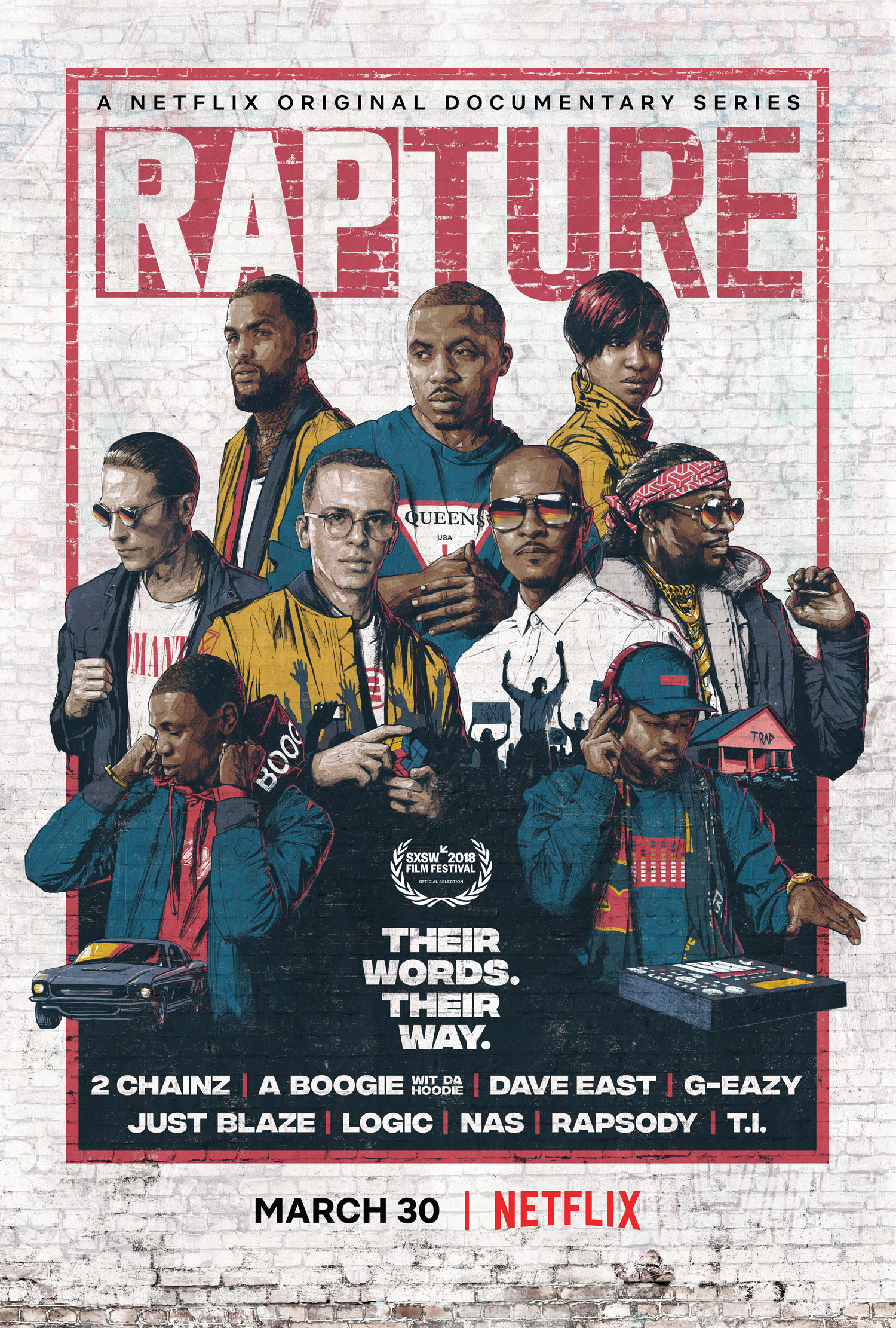 Netflix Rapture documentary series poster — featuring 2 Chainz, A Boogie, Dave East, G-Eazy, Just Blaze, Logic, Nas, Rapsody, T.I.