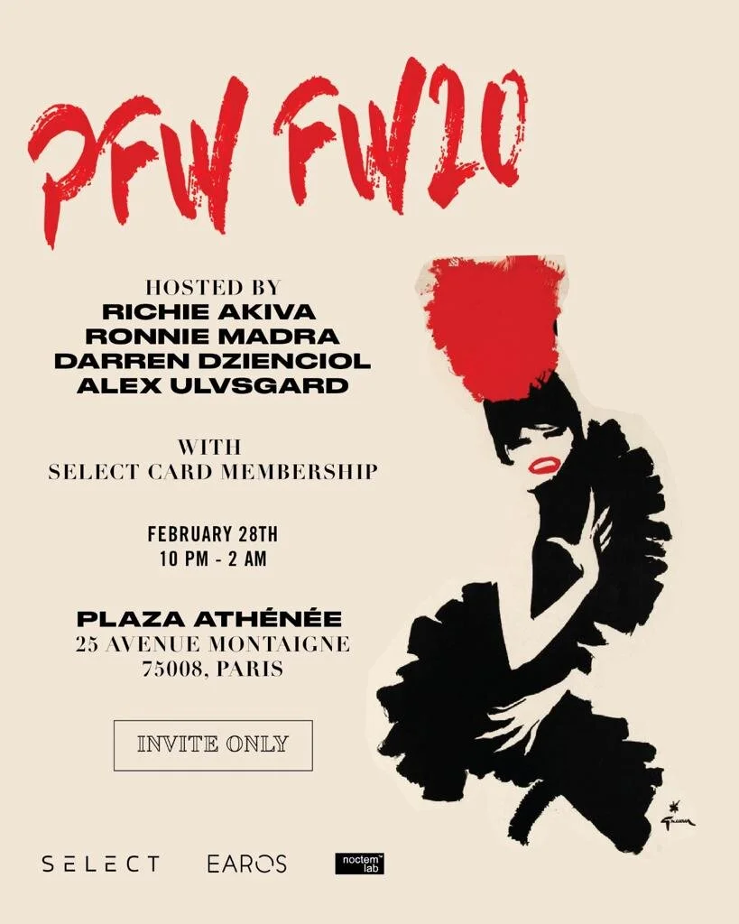 PFW FW20 Soiree invite — Plaza Athénée, Paris, hosted by Richie Akiva, Ronnie Madra, Darren Dzienciol, Alex Ulvsgard